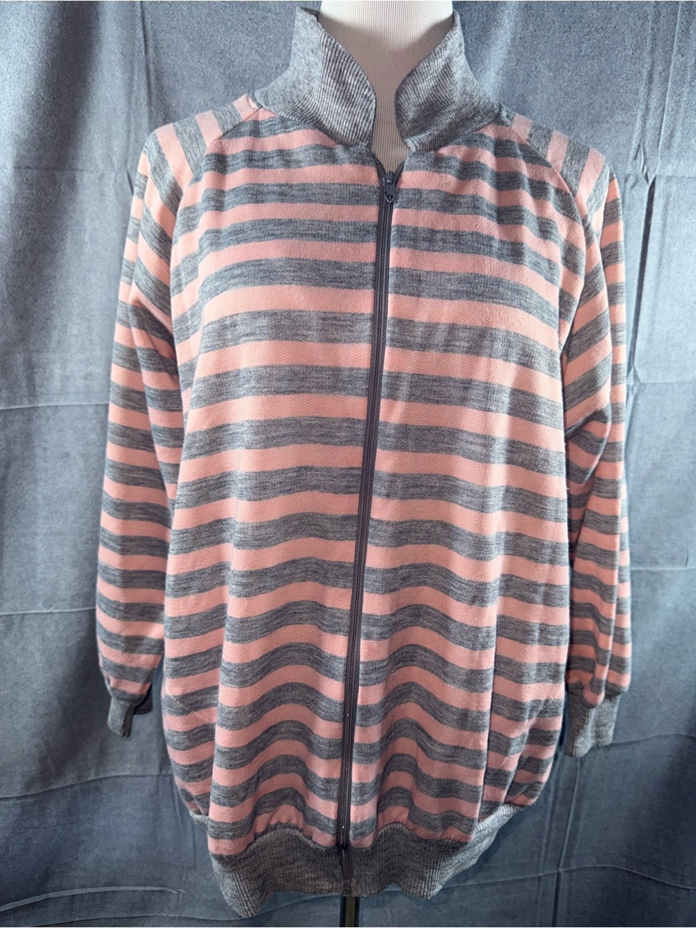60A-Liz Novak Striped Pink and Gray Zip-Up Bomber Jacket